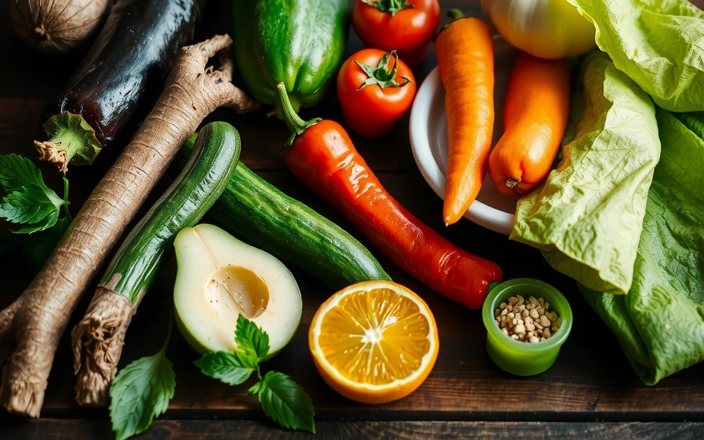A vibrant array of fresh, organic botanical ingredients on a rustic wooden table.