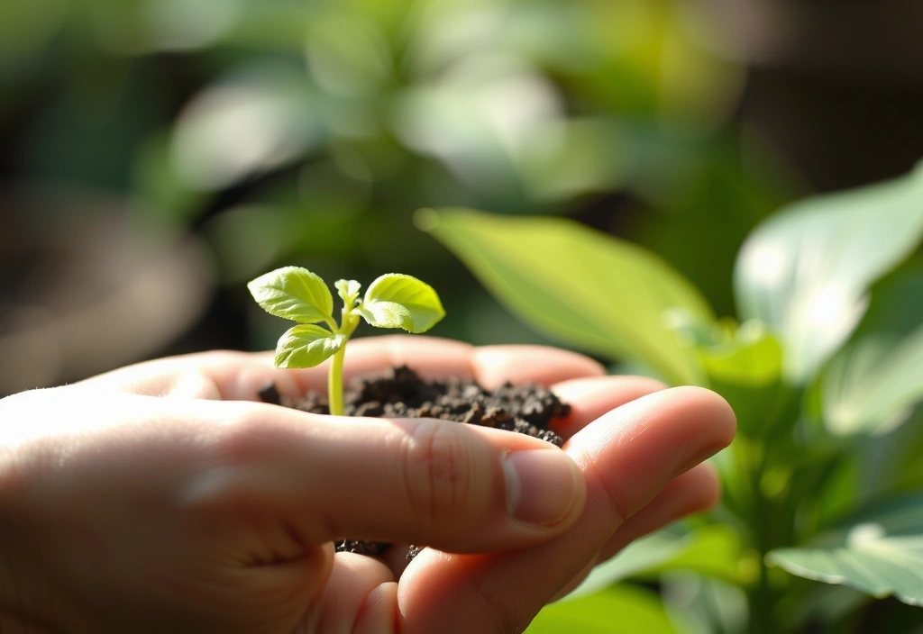 A hand gently holding a sprouting plant, symbolizing growth and harmony.