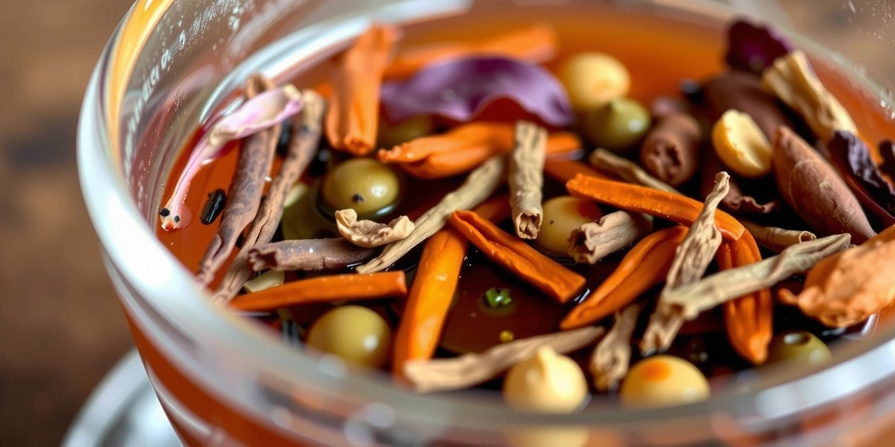 A close-up of a vibrant herbal tea blend in a glass cup, with steam rising, symbolizing natural remedies.