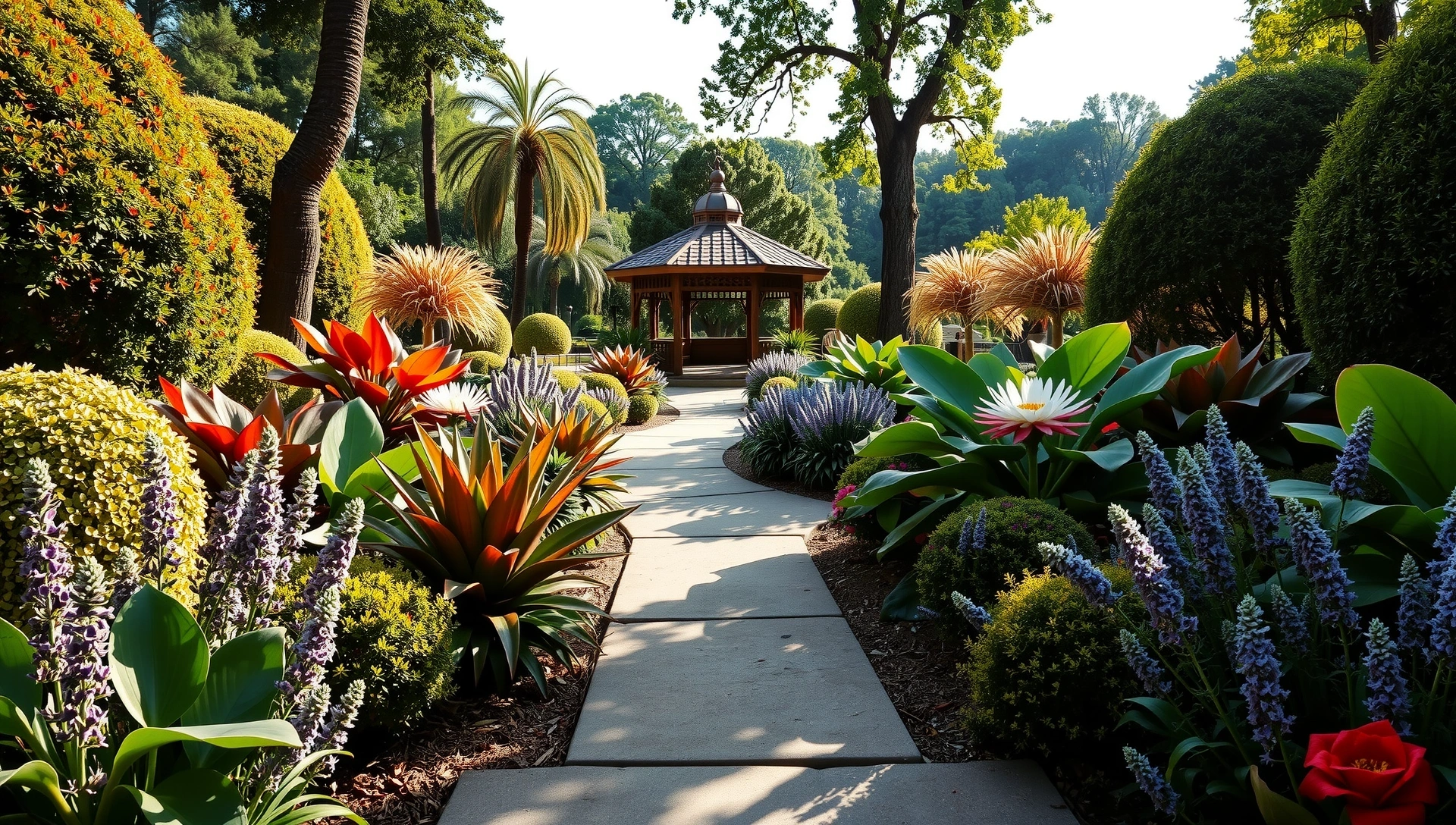Lush botanical garden with a serene path leading to a peaceful gazebo, inviting visitors to relax and connect with nature.