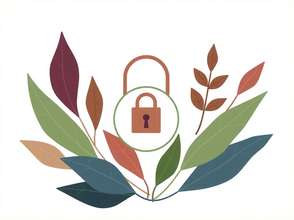 Digital illustration of a secure padlock surrounded by abstract plant leaves, symbolizing data protection and privacy in a botanical context.