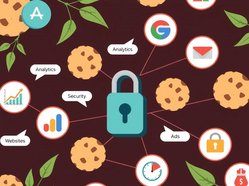 Stylized illustration of various cookies with lines connecting to different website functionalities like analytics, security, and ads, all within a botanical frame.