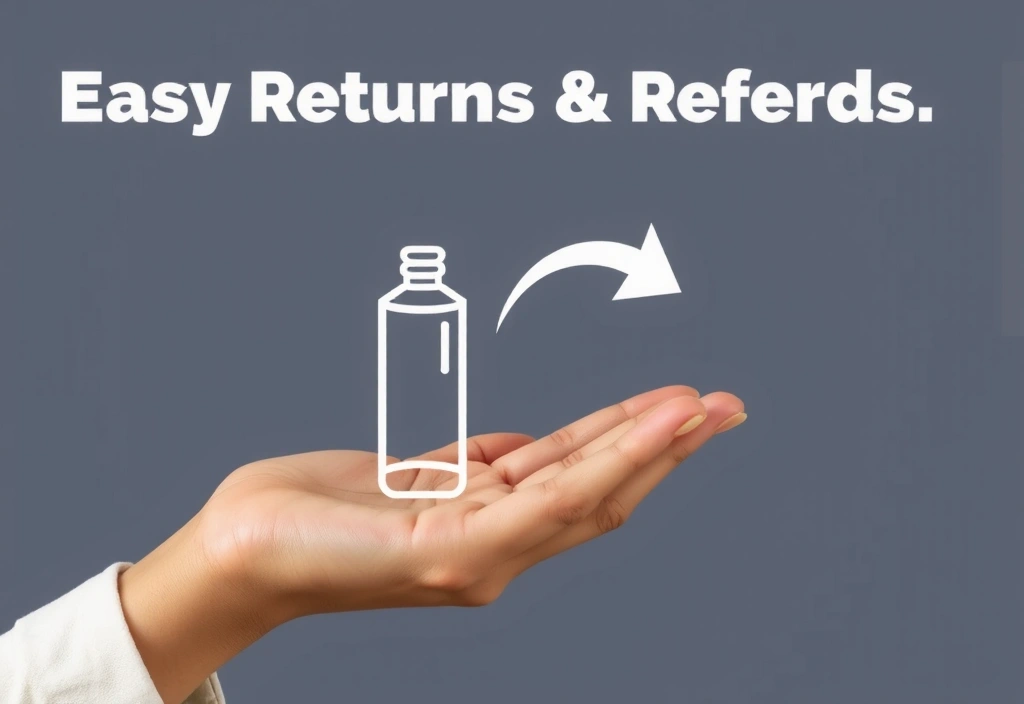 A hand holding a product with a return arrow icon, symbolizing an easy return and refund process.