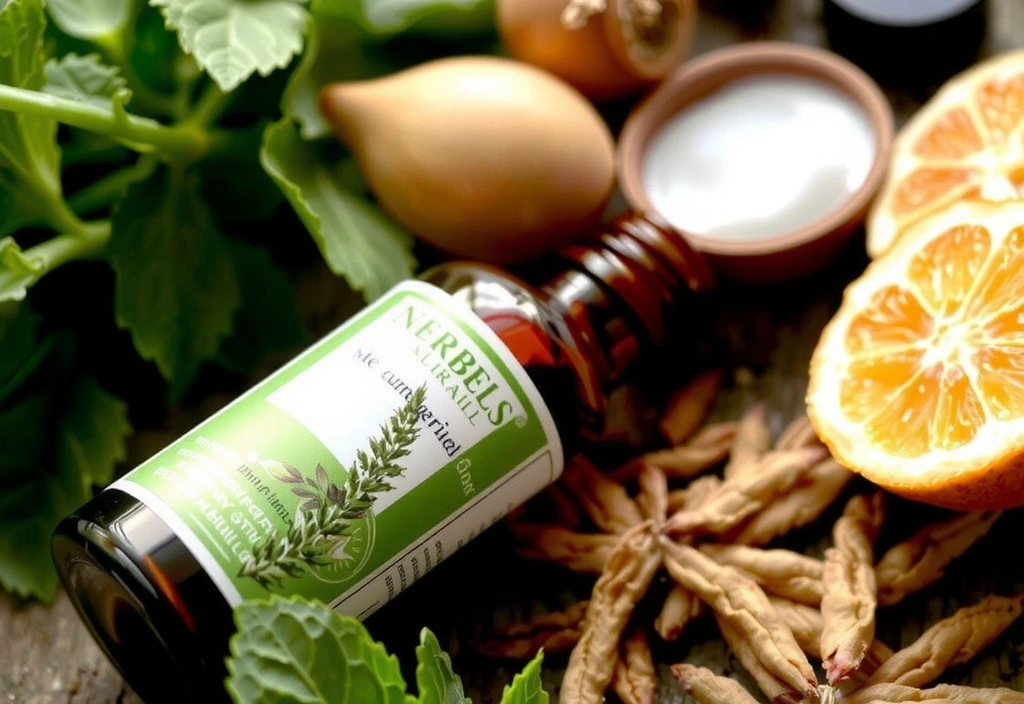 Detailed illustration of an herbal product bottle with intricate botanical labels and natural ingredients in the background, showcasing product quality and natural essence.